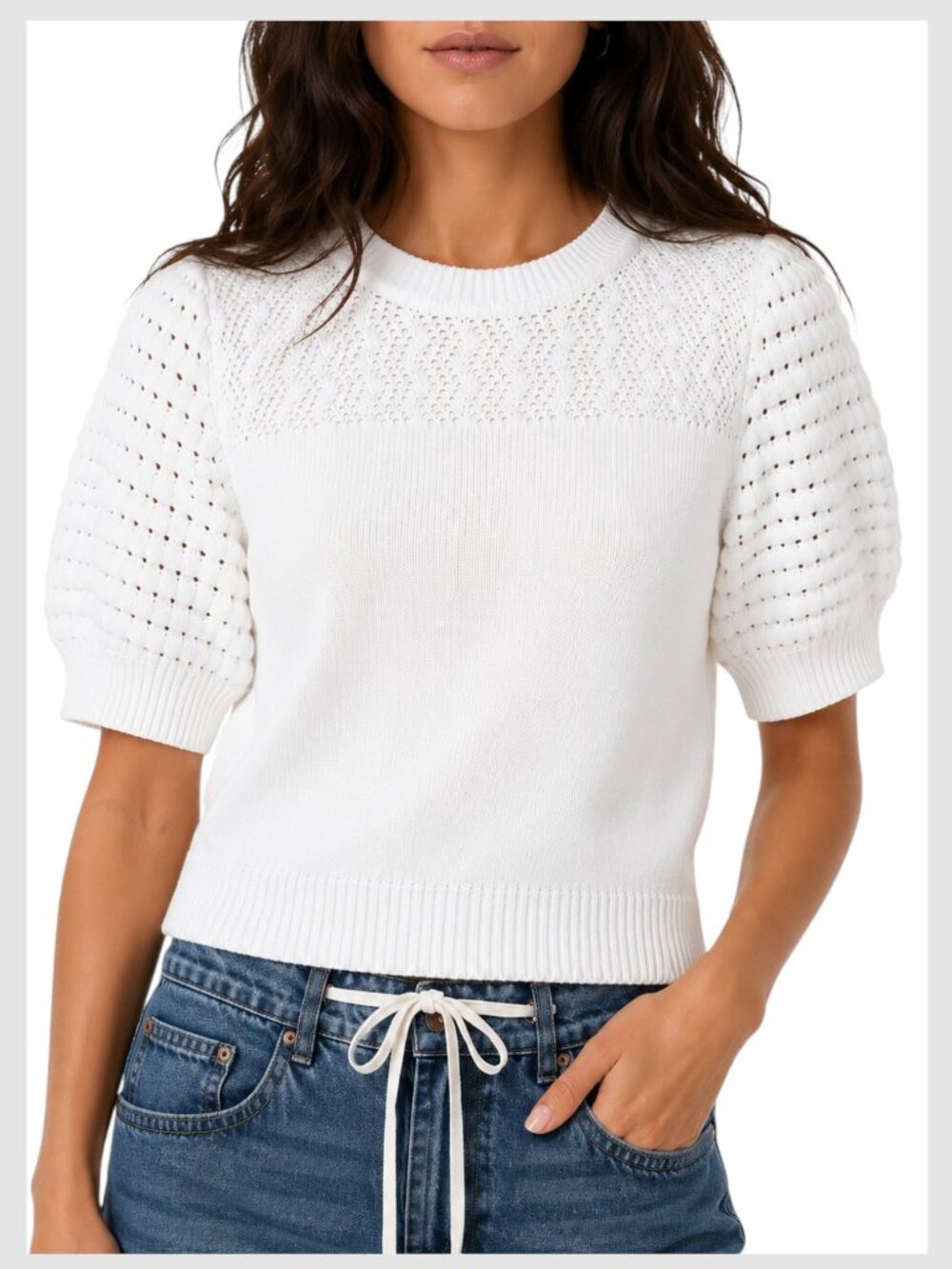 AQUA Crochet Pointelle Puff Sleeve Sweater White Knit Top S